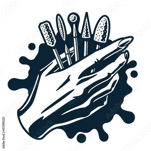 Emblem for beauty studio. Woman wrist with nailfile. Female hand with manicure an emery board for nail bar. Fashion, trendy style of fingernail