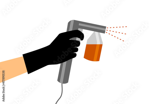 Hand in a black glove holds a gray spray tan machine. Vector illustration of auto tanning procedure