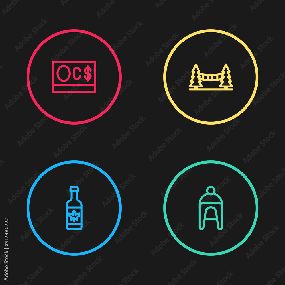 Set line Beer bottle, Winter hat, Capilano Suspension Bridge and Canadian dollar icon. Vector. Set line Beer bottle, Winter hat, Capilano Suspension Bridge and Canadian dollar icon. Vector.