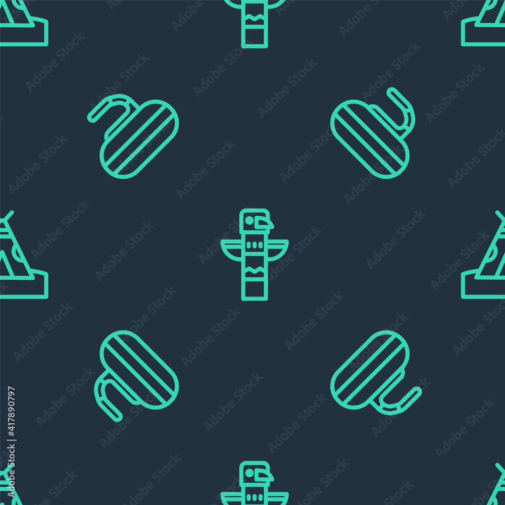 Set line Canadian totem pole, Stone for curling and Indian teepee wigwam on seamless pattern. Vector.