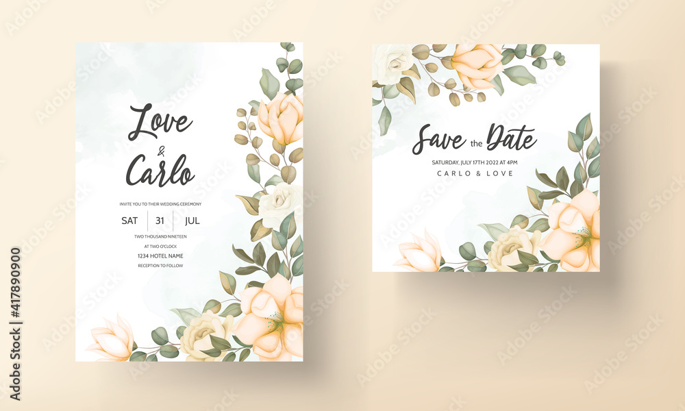 Modern wedding invitation card with beautiful flowers