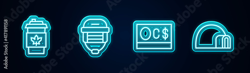Set line Coffee cup to go, Hockey helmet, Canadian dollar and Igloo ice house. Glowing neon icon. Vector.