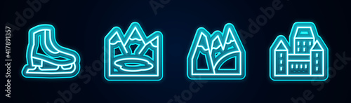 Set line Skates, Canadian lake, Mountains and Chateau Frontenac hotel. Glowing neon icon. Vector.