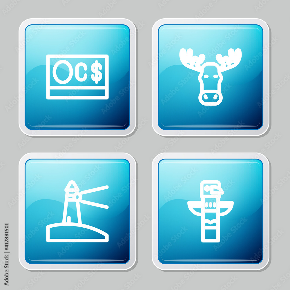Set line Canadian dollar, Moose head with horns, Lighthouse and totem pole icon. Vector. Set line Canadian dollar, Moose head with horns, Lighthouse and totem pole icon. Vector.