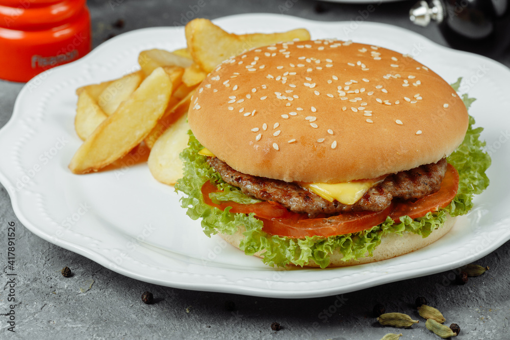 hamburger with fries and salad on the plate hamburger with fries and salad on the plate