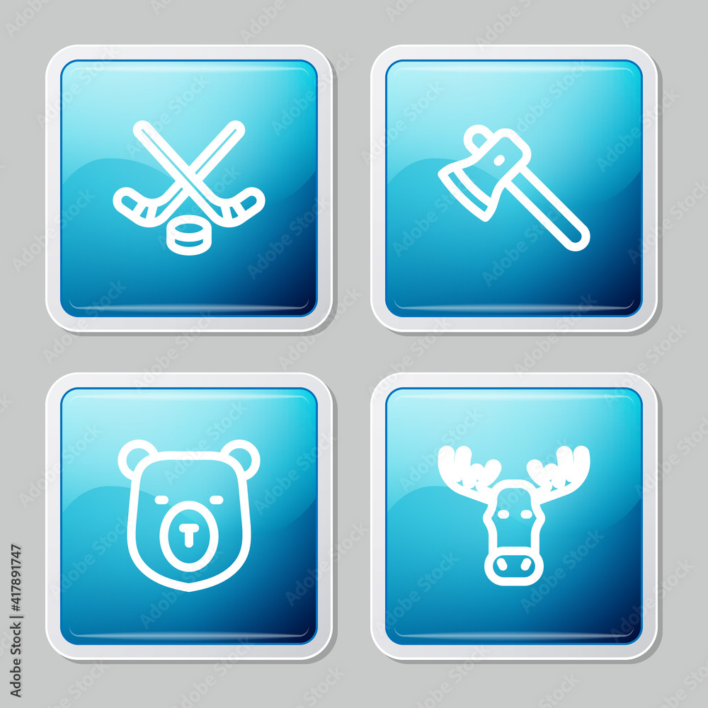 Set line Ice hockey sticks and puck, Wooden axe, Bear head and Moose with horns icon. Vector. Set line Ice hockey sticks and puck, Wooden axe, Bear head and Moose with horns icon. Vector.