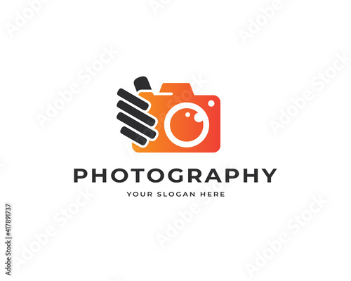Hand hold camera vector logo design. Modern tech logo design