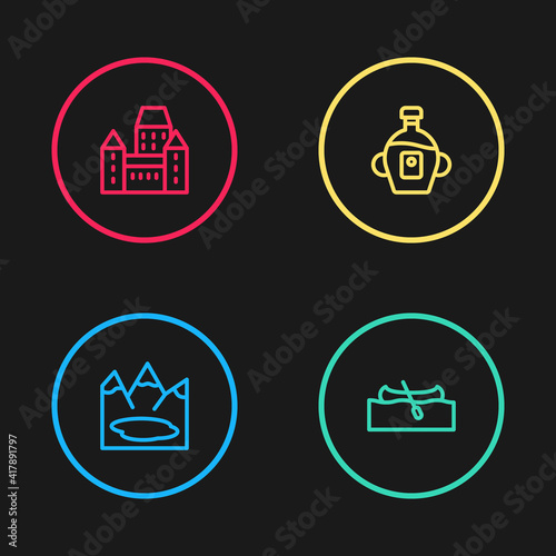Set line Canadian lake, Kayak or canoe, Maple syrup and Chateau Frontenac hotel icon. Vector.