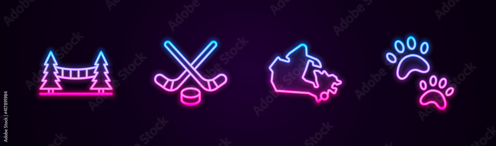Set line Capilano Suspension Bridge, Ice hockey sticks and puck, Canada map and Paw print. Glowing neon icon. Vector. Set line Capilano Suspension Bridge, Ice hockey sticks and puck, Canada map and Paw print. Glowing neon icon. Vector.
