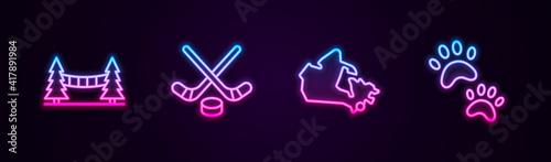 Set line Capilano Suspension Bridge, Ice hockey sticks and puck, Canada map and Paw print. Glowing neon icon. Vector.