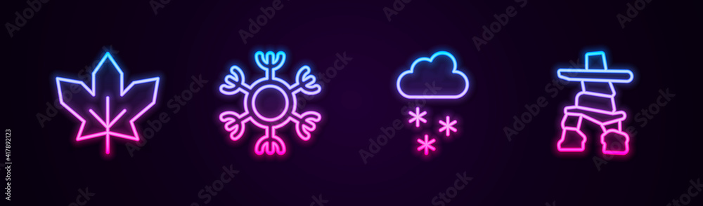 Set line Canadian maple leaf, Snowflake, Cloud with snow and Inukshuk. Glowing neon icon. Vector. Set line Canadian maple leaf, Snowflake, Cloud with snow and Inukshuk. Glowing neon icon. Vector.