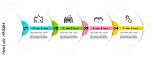 Set line Canadian lake, Chateau Frontenac hotel, Kayak or canoe and Paw print. Business infographic template. Vector.