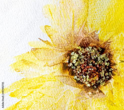 Painted art. Yellow flower or sunflower with 3D center made of salt crystals.