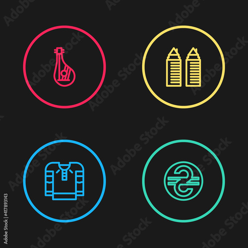 Set line Embroidered shirt, Ukrainian hryvnia, Two towers Dnipro and Bandura icon. Vector.