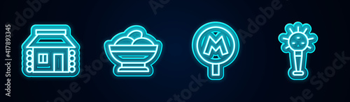 Set line Ukrainian house, Varenyky bowl, Metro or Underground and Mace. Glowing neon icon. Vector.