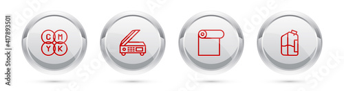 Set line CMYK color mixing, Scanner, Roll of paper and Printer ink bottle. Silver circle button. Vector.