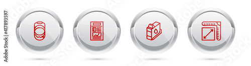 Set line Paint bucket, News, Printer ink cartridge and Paper size. Silver circle button. Vector.