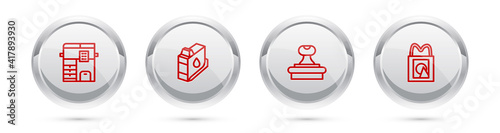 Set line Copy machine, Printer ink cartridge, Stamp and Paper shopping bag. Silver circle button. Vector.