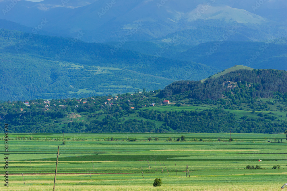 Alpine landscape with village and field, Armenia