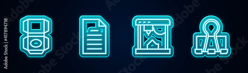 Set line Carton cardboard box, File document, 3D printer and Binder clip. Glowing neon icon. Vector.