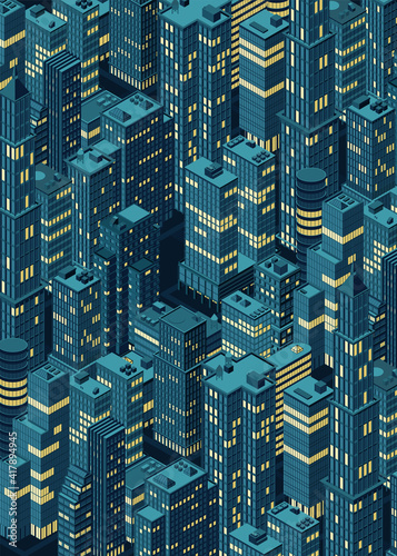 Isometric night cityscape, city view, cityskyline. Vector illustration in flat design.