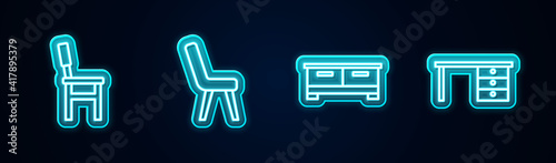 Set line Chair, Armchair, Chest of drawers and Office desk. Glowing neon icon. Vector.