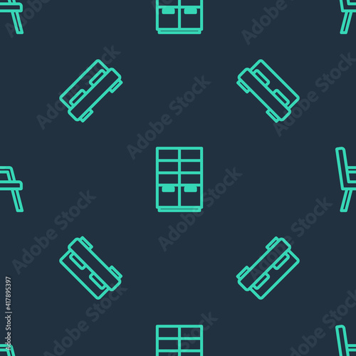Set line Wardrobe, Big bed and Armchair on seamless pattern. Vector. © vector_v