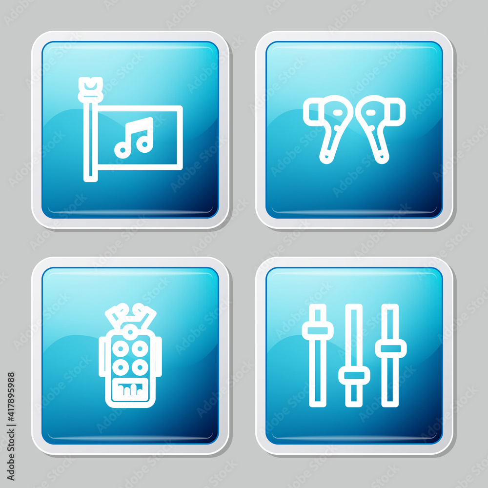 Set line Music festival flag, Air headphones, Microphone and equalizer icon. Vector.