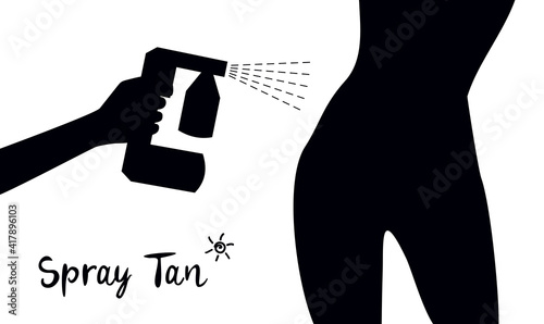 Black silhouette of a hand with a tan spray machine and a female body on a white background. Vector illustration of auto tanning procedure