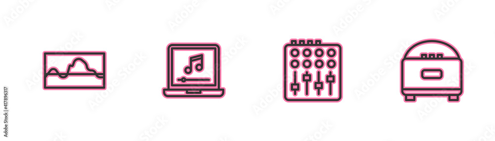 Set line Music wave equalizer, Sound mixer controller, Laptop with music note and Stereo speaker icon. Vector. Set line Music wave equalizer, Sound mixer controller, Laptop with music note and Stereo speaker icon. Vector.