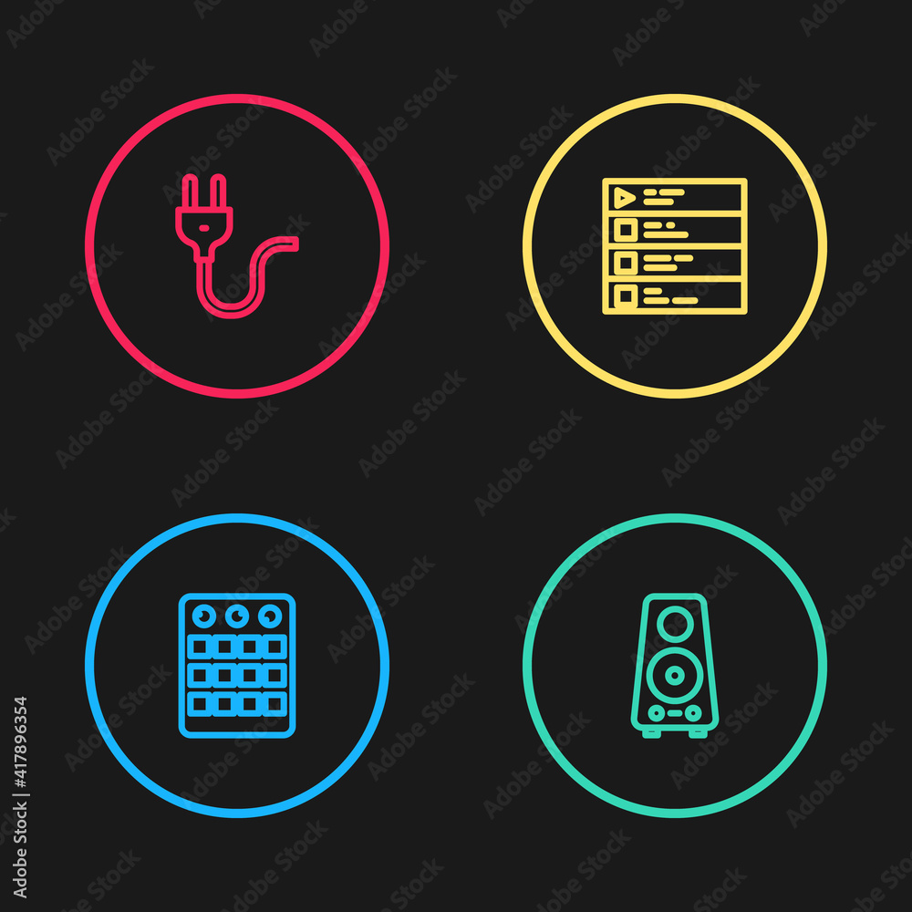 Set line Drum machine, Stereo speaker, Music playlist and Electric plug icon. Vector. Set line Drum machine, Stereo speaker, Music playlist and Electric plug icon. Vector.
