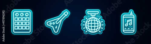 Set line Drum machine, Electric bass guitar, Disco ball and Music player. Glowing neon icon. Vector.