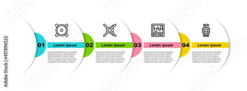 Set line Stereo speaker, Speaker mute, Oscilloscope and Microphone. Business infographic template. Vector.