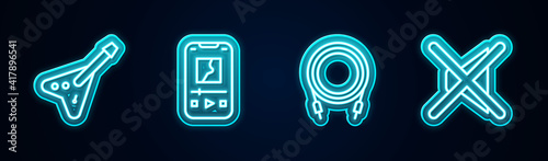 Set line Electric bass guitar, Music player, Audio jack and Speaker mute. Glowing neon icon. Vector.