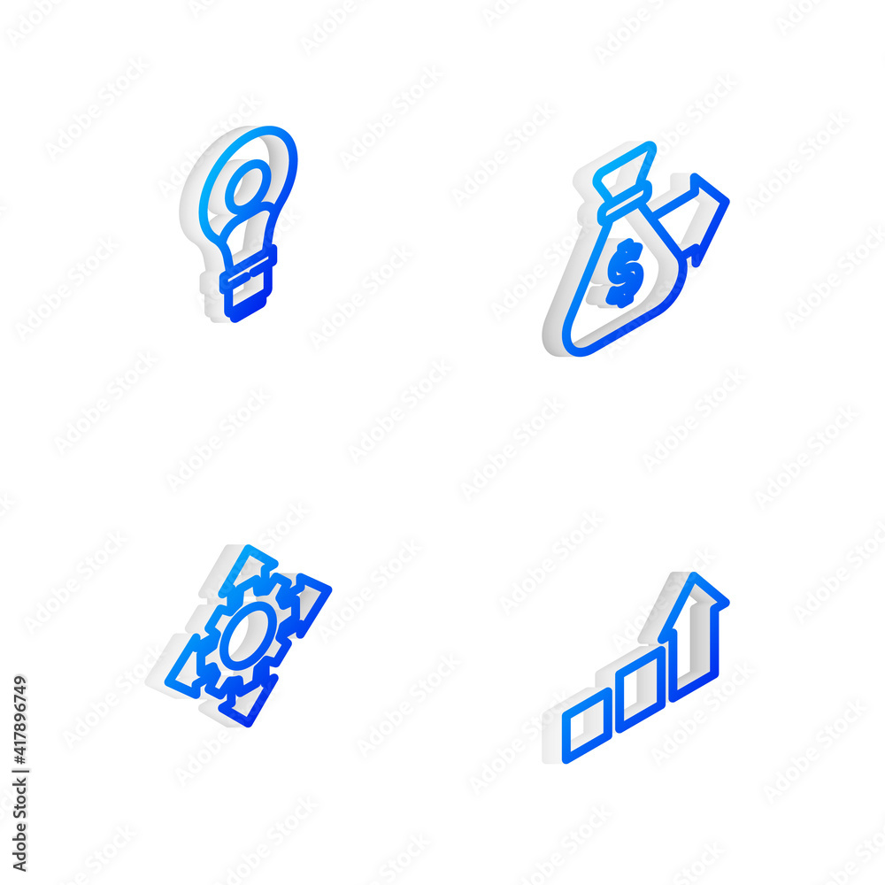 Set Isometric line Money bag, Head with lamp bulb, Project team base and Financial growth icon. Vector. Set Isometric line Money bag, Head with lamp bulb, Project team base and Financial growth icon. Vector.