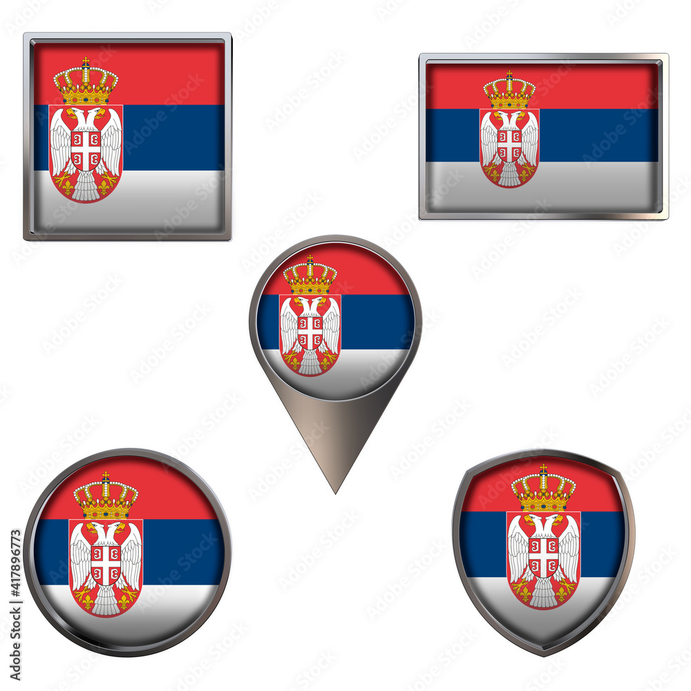Various flags of the Republic of Serbia. Realistic national flag in point circle square rectangle and shield metallic icon set. Patriotic 3d rendering symbols isolated on white background. Various flags of the Republic of Serbia. Realistic national flag in point circle square rectangle and shield metallic icon set. Patriotic 3d rendering symbols isolated on white background.