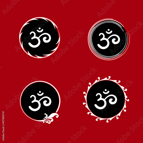 Set od Om Aum sacred sound primordial mantra word of power pictogram  symbols of divine triad of Brahma  Vishnu and Shiva.Hand-drawn sign of yoga meditation sacredness spirituality.
