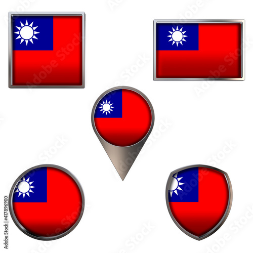 Free Download Various flags of Taiwan. Realistic national flag in point circle square rectangle and shield metallic icon set. Patriotic 3d rendering symbols isolated on white background. - GFXLoad