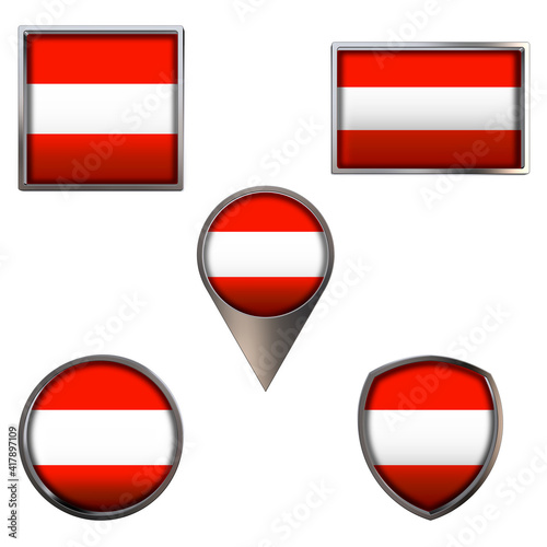 Free Download Various flags of Republic of Austria. Realistic national flag in point circle square rectangle and shield metallic icon set. Patriotic 3d rendering symbols isolated on white background. - GFXLoad