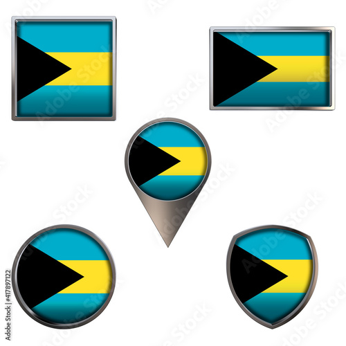 Free Download Various flags of Commonwealth of The Bahamas. Realistic national flag in point circle square rectangle and shield metallic icon set. Patriotic 3d rendering symbols isolated on white background. - GFXLoad