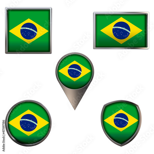 Various flags of Federative Republic of Brazil. Realistic national flag in point circle square rectangle and shield metallic icon set. Patriotic 3d rendering symbols isolated on white background. Free Download Various flags of Federative Republic of Brazil. Realistic national flag in point circle square rectangle and shield metallic icon set. Patriotic 3d rendering symbols isolated on white background. - GFXLoad
