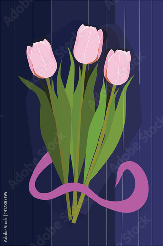 vector illustration of tulips on blue background, card with tulips,  tulips with ribbon