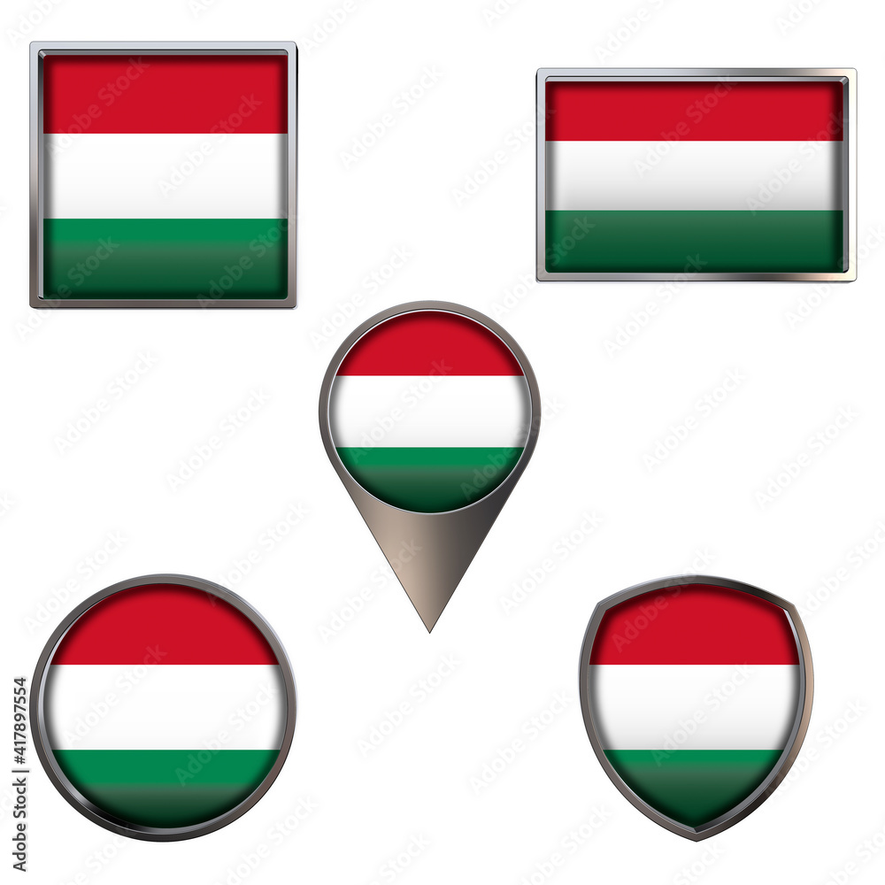 Various flags of the Hungary. Realistic national flag in point circle square rectangle and shield metallic icon set. Patriotic 3d rendering symbols isolated on white background. Various flags of the Hungary. Realistic national flag in point circle square rectangle and shield metallic icon set. Patriotic 3d rendering symbols isolated on white background.