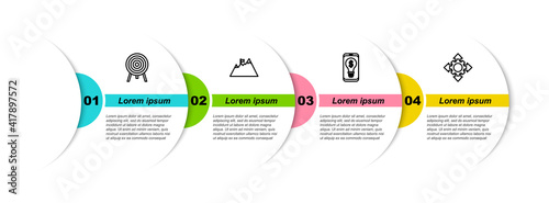 Set line Target, Mountains with flag, Light bulb dollar on mobile and Project team base. Business infographic template. Vector.