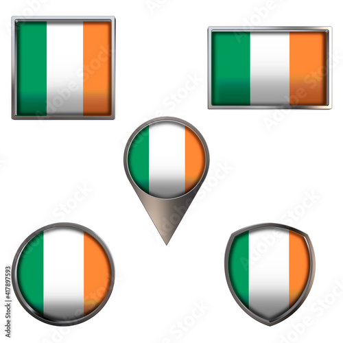 Various flags of the Republic of Ireland. Realistic national flag in point circle square rectangle and shield metallic icon set. Patriotic 3d rendering symbols isolated on white background. Free Download Various flags of the Republic of Ireland. Realistic national flag in point circle square rectangle and shield metallic icon set. Patriotic 3d rendering symbols isolated on white background. - GFXLoad