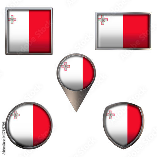 Various flags of the Republic of Malta. Realistic national flag in point circle square rectangle and shield metallic icon set. Patriotic 3d rendering symbols isolated on white background. Free Download Various flags of the Republic of Malta. Realistic national flag in point circle square rectangle and shield metallic icon set. Patriotic 3d rendering symbols isolated on white background. - GFXLoad