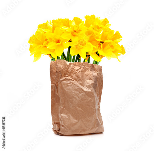 Blumenstrauss aus gelben Osterglocken auf weissem Hintergrund