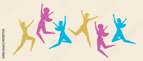 Colored women silhouettes, people flying, flat vector stock illustration as concept of flying, joy, jumping with isolated silhouettes