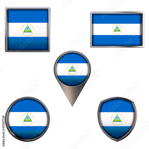 Various flags of the Republic of Nicaragua. Realistic national flag in point circle square rectangle and shield metallic icon set. Patriotic 3d rendering symbols isolated on white background. Free Download Various flags of the Republic of Nicaragua. Realistic national flag in point circle square rectangle and shield metallic icon set. Patriotic 3d rendering symbols isolated on white background. - GFXLoad