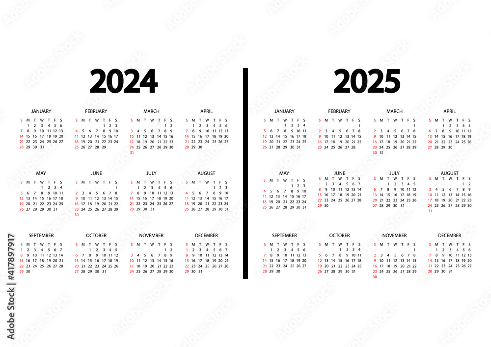 Calendar 2024, 2025 year. The week starts on Sunday. Annual calendar